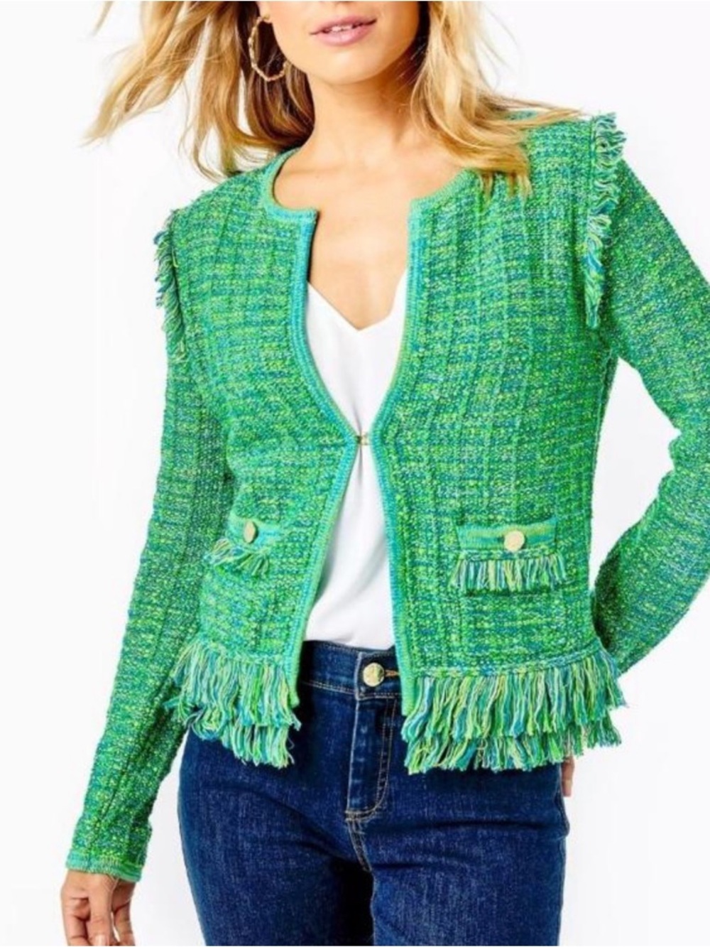 Lilly Pulitzer Simora Fringe Cardigan Sweater Green Tweed Size Small